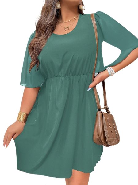 

plus solid mesh sleeve dress b91x#, Black