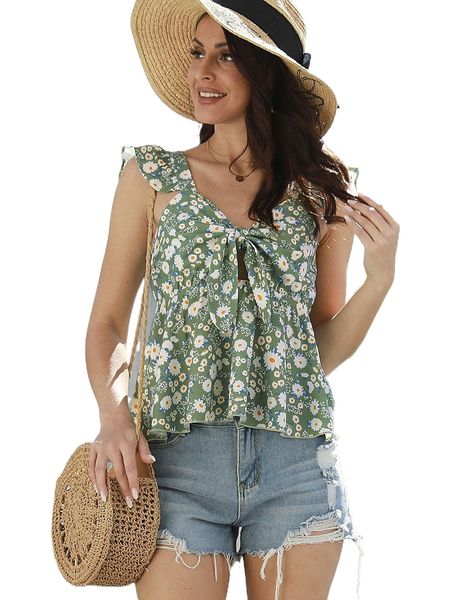 

allover floral print knot front ruffle trim peplum 55j3#, White