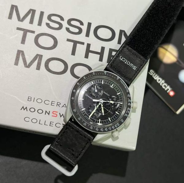 

bioceramic moonswatch swiss quqrtz chronograph mens watch so33a100 mission to the moon 42mm real black ceramic metallic grey nylon with box, Slivery;brown