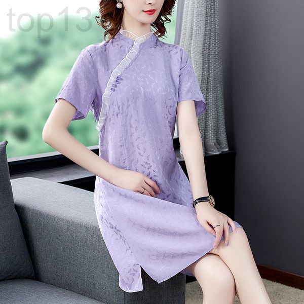 

casual dresses designer 2021 new long skirt linen modified cheongsam with thin waist cotton purple dress is3b, Black;gray