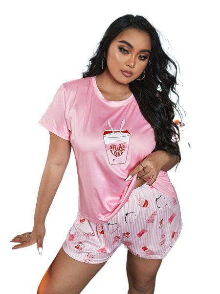 

plus cartoon & striped print pajama set o83n#, Black;white