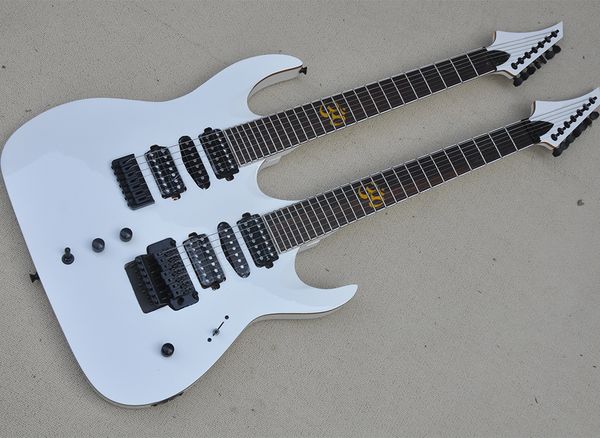 

white 7+7 strings double neck electric guitar with gold binding,rosewood fretboard