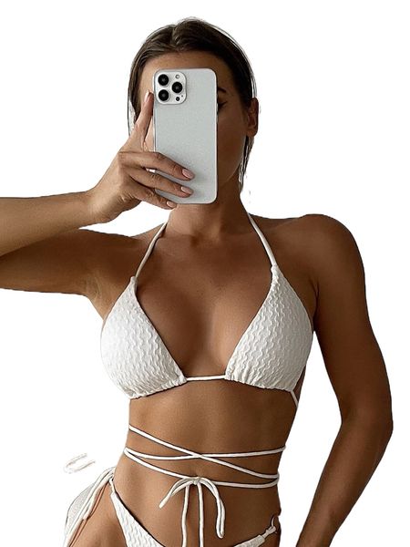 

crisscross knot front textured halter triangle bikini k533#, White;black