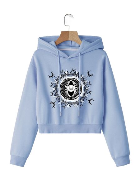 

geo and moon print thermal lined crop hoodie i8gt#, Black