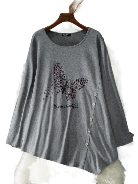 

plus slogan & butterfly print asymmetrical hem tee 28ep#, Black