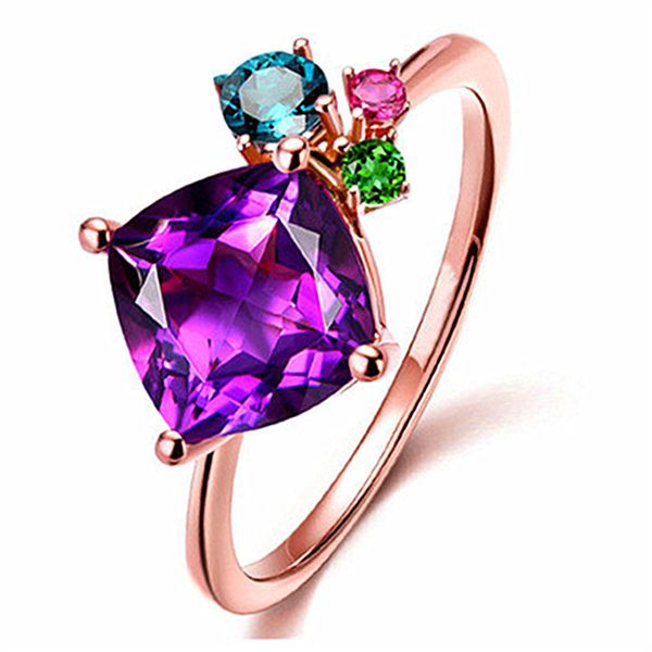 Anéis de luxo para mulheres Gem Cut Square Amethyst Ring Vintage Noivage Gift Jewelry Acessórios