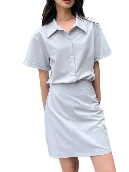 

dazy solid button front drop shoulder blouse & skirt d6q2#, White