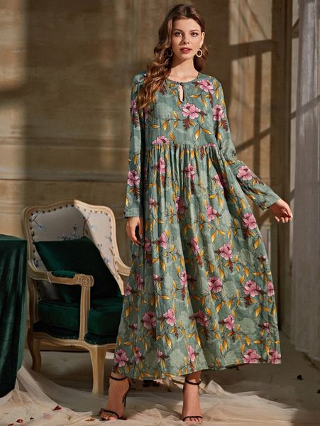 

flower print keyhole neckline babydoll dress 778q#, Black;gray