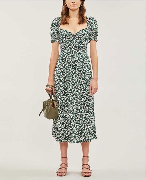 

casual dresses spring summer women square collar mid-calf dress split puff sleeve viscose flower print beach style long, Black;gray