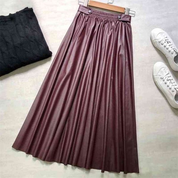 

autumn& winter new women simple solid elastic waist thin pu leather skirt with large a-line long skirt women 210331, Black