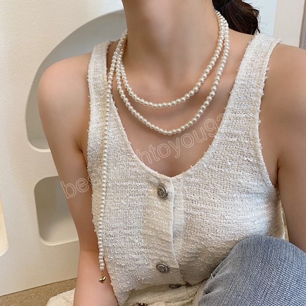 

orean vintage multilayer pearl necklace for women girls elegant long beads heart pendant necklace jewelry, Silver