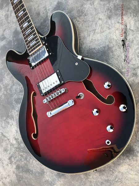 

half-hollow jazz electric guitar, mahogany body, flame maple guitar oem,manufacturer of straight hair