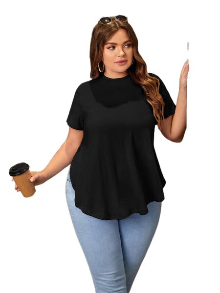 

plus solid curved hem tee p3zd#, Black