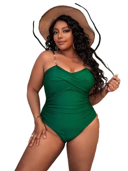 

plus chain detail underwire push up one piece swimsuit y3el#, White;black