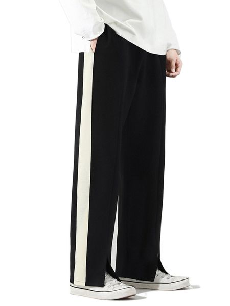 

men contrast side seam split hem pants p3g6#, Black