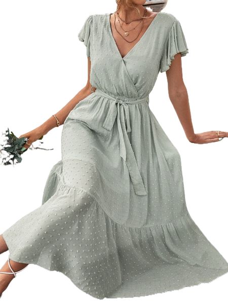 

swiss dot surplice neck belted ruffle hem dress 49gd#, Black;gray