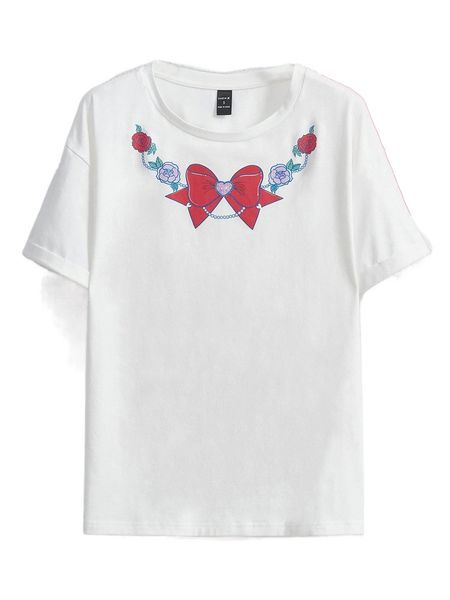 

x annyshi bow & floral print tee w2l7#, White