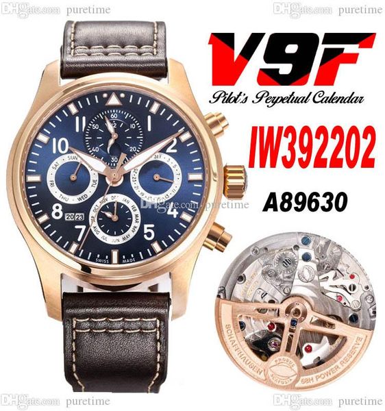 V9F 392202 Ewiger Kalender A89630 Automatik-Herrenuhr Le Petit Prince Roségold, blaues Zifferblatt, weiße Markierungen, braunes Lederarmband, Super Edition Puretime E5