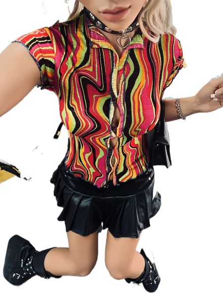 

allover print cut out lettuce trim tee 92pb#, White