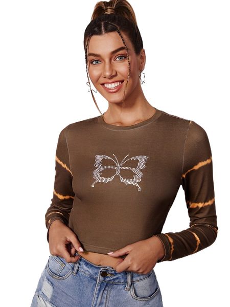 

rhinestone butterfly crop tee k91g#, White