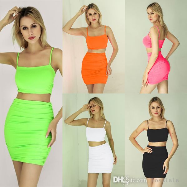 XS-XL Sommer Frauen Casual Zwei Stück Kleid Set Sexy Hosenträger Weste Plissee Hüfte Wrap Rock Anzug Für Weibliche