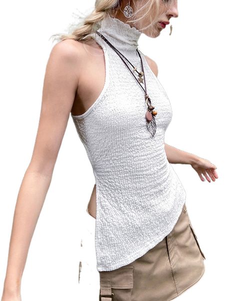 

high neck tie back asymmetrical hem tank o6rs#, White