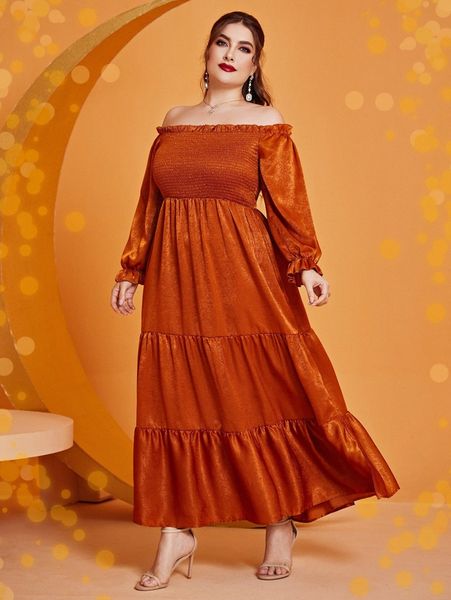 

plus flounce sleeve frill off shoulder shirred ruffle hem dress 76i2#, Black