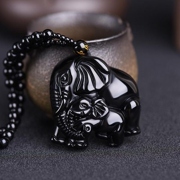 Подвесные ожерелья натуральный камень черный обсидиан резненный мать малышка слон амулет