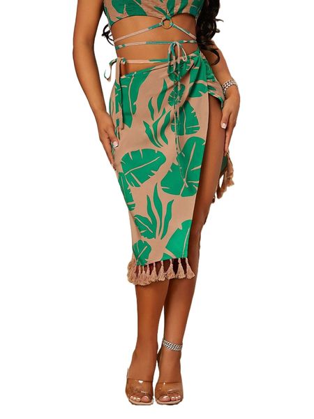 

sxy tropical print tassel hem tie side wrap skirt 76da#, Black