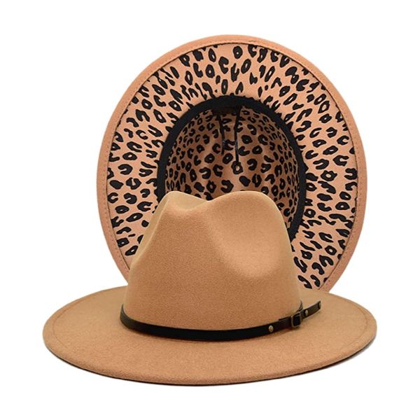 Cappelli Fedora Jazz in feltro di lana leopardato interno tinta unita esterno con fibbia per cintura sottile Cappello Panama da donna a tesa larga