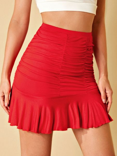 

high waist ruched ruffle hem skirt e2id#, Black