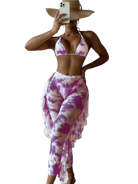 

3pack tie dye triangle bikini swimsuit & cover up pants n9ik#, White;black