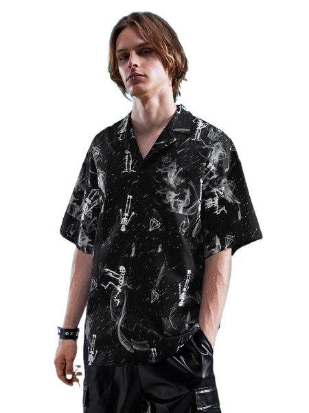 

romwe goth guys skeleton & diamond print button front shirt m2jz#, White;black