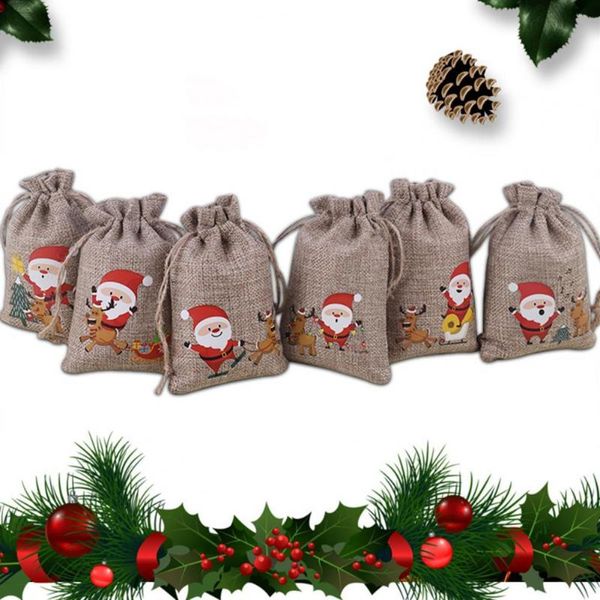 Weihnachtsdekorationen 5 Teile/satz Goodies Bag Kordelzug Staubdicht Leinenimitat Winzige Jute-Sackleinen-Themenbedruckte Süßigkeitenbeutel PartyzubehörC