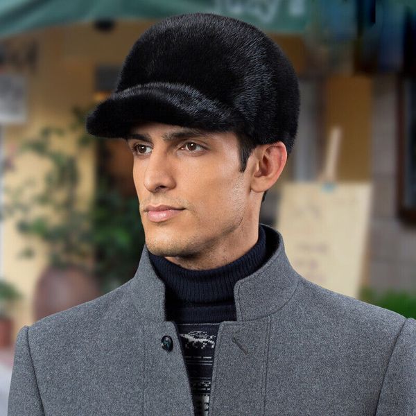 

men's winter fur baseball hat real whole mink peaked cap handmade black, Blue;gray