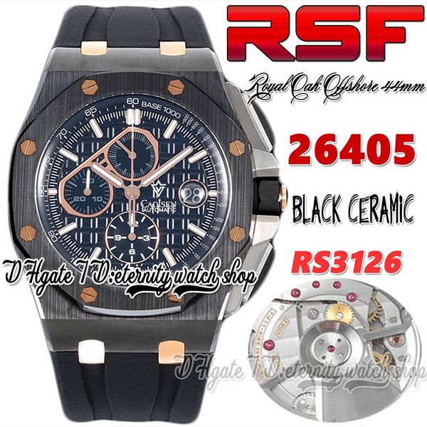 

rsf rs26405 cal.3126 a3126 chronograph automatic mens watch 44mm black ceramic case glasses texture dial stick markers rubber strap super ed, Slivery;brown