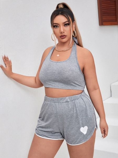 

plus solid crop halter & heart print contrast binding shorts n8xp#, Black