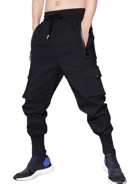 

men flap pocket drawstring waist cargo pants x80x#, Black