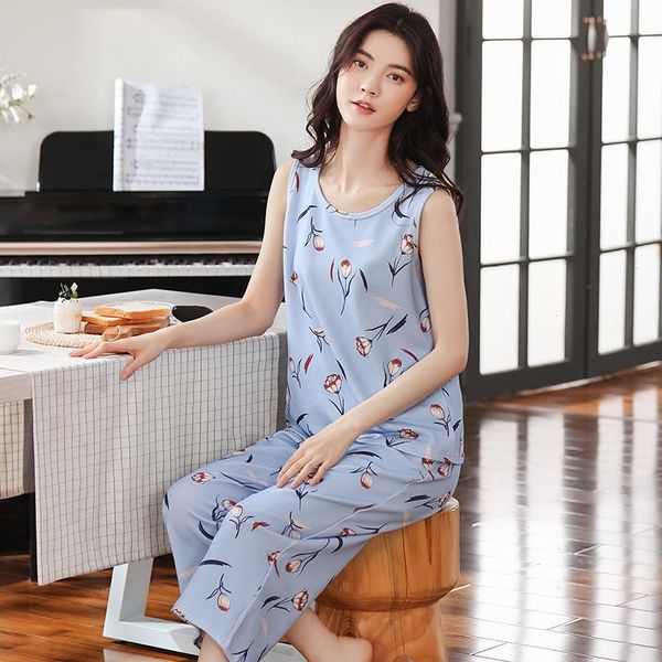 

pajama sets summer women modal home wear sleepwear floral vest pyjamas, Black;red