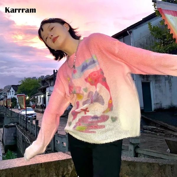 

karrram japan sweet pink pullover girls knitted oversized sweaters gradient women autumn designer clothes kawaii 220815, White;black
