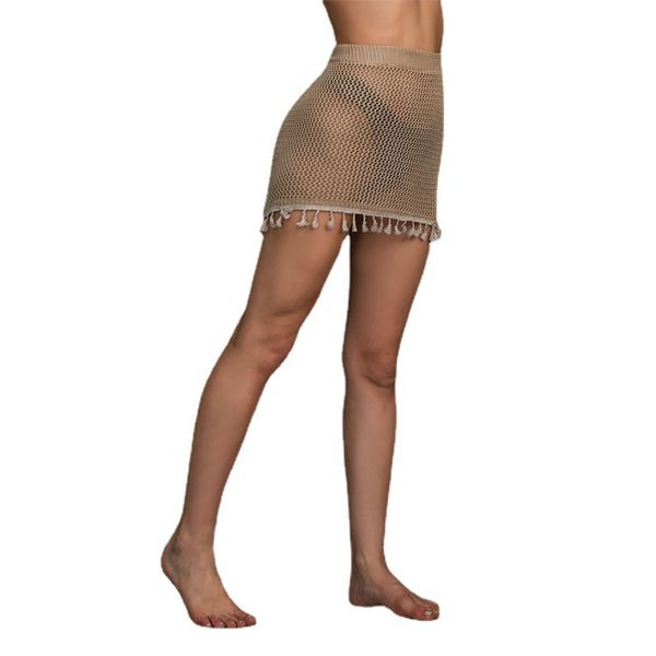 

women's swimwear women swimsuit cover up boho tassel hollow out perspective mini tight beach skirts dress coverup pareos de playa mujer, White;black
