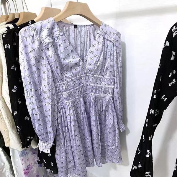 

casual dresses fadan early autumn sweet style v-neck bow print waist closing dress, Black;gray