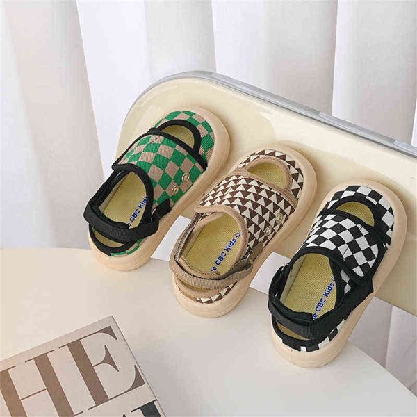 

spring summer children half sandals baby soft barefoot shoes lattice print low-girls canvas sandals breathable boys sneaker g220512, Black;red