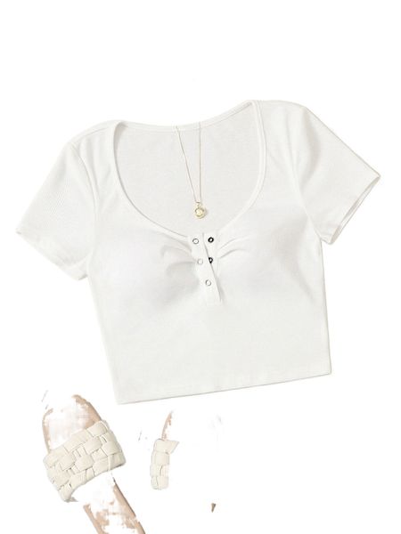 

plus half button ribbed knit tee u0t4#, Black