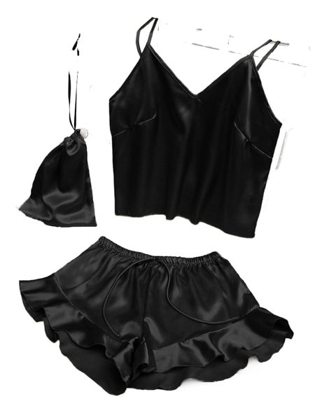 

tie front ruffle hem satin pj set q2sv#, Black;red