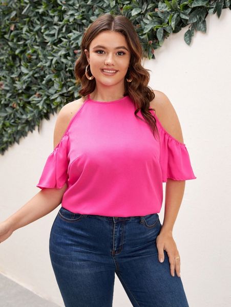 

plus cold shoulder ruffle trim blouse h9me#, Black