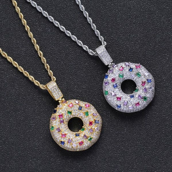 Collane con ciondolo Micro pavé di zirconi cubici Bling Iced Out Donuts Collana con ciondoli per donna Uomo Hip Hop Rapper Gioielli Colore argentoPendan