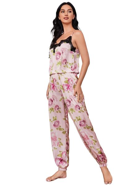

contrast lace cami & pants pj set v9d6#, Black;red