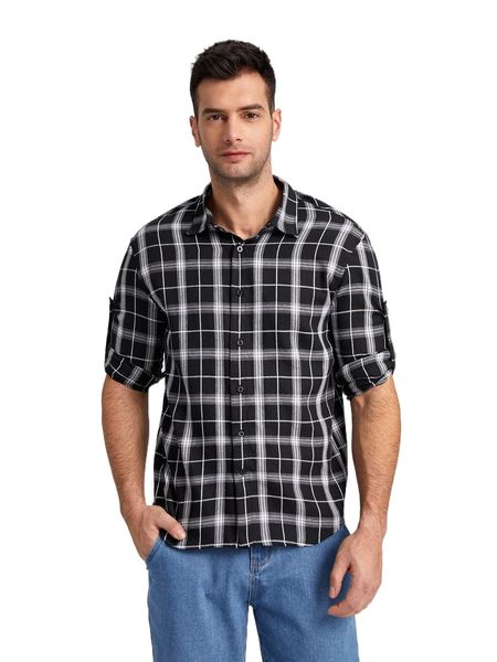 

men plaid print roll tab sleeve shirt q5wn#, White;black