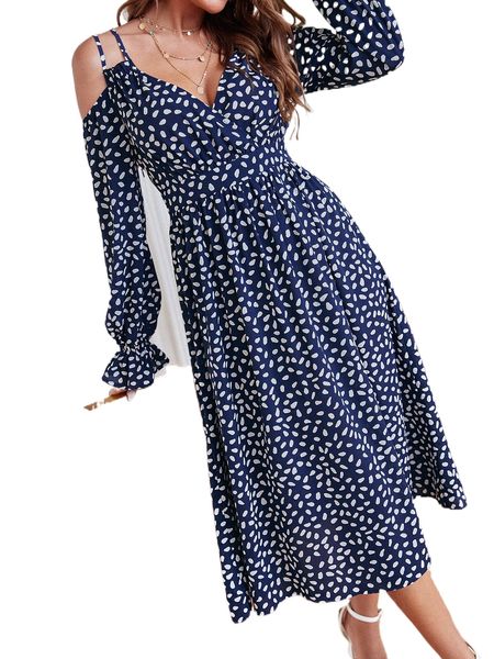 

allover print cold shoulder flounce sleeve dress t2dc#, Black;gray